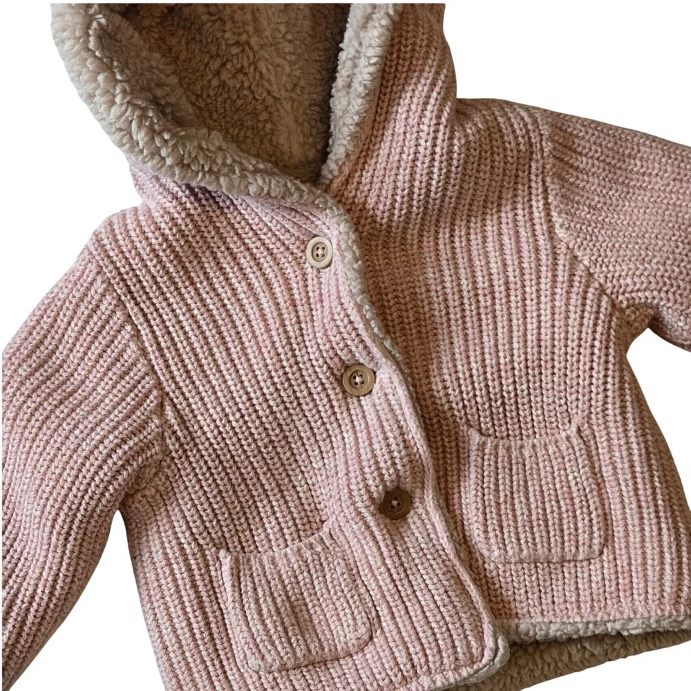 Baby Gap Pink Hooded Knit Jacket Sherpa Lined 3-6 Months